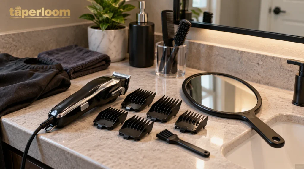 Clippers, guards and a handheld mirror set up for an at-home buzz cut