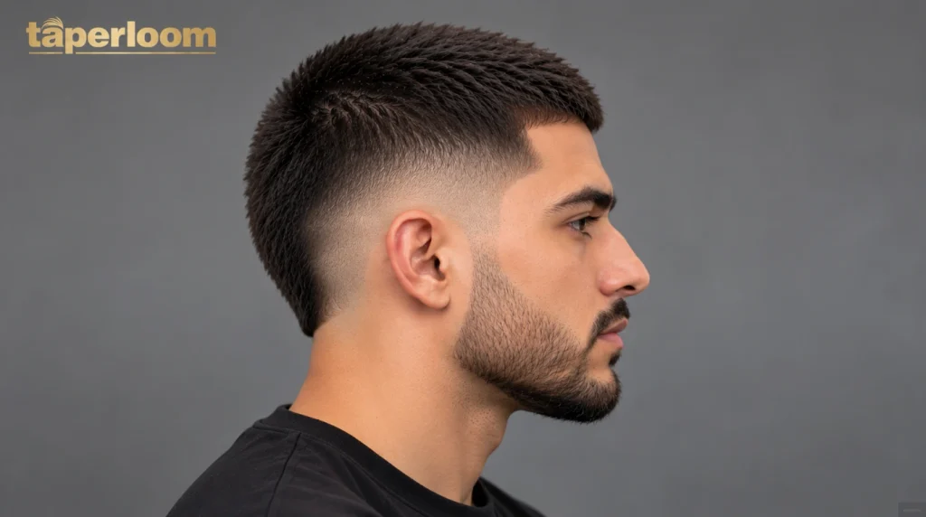 Using a trimmer to clean the neckline between burst fade buzz cut appointments
