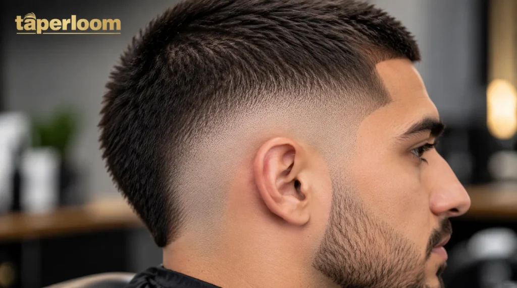 Close-up of a semicircular burst fade curving around the ear on a buzz cut