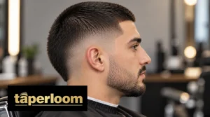 Side profile of a man with a mid burst fade buzz cut showing the curved fade around the ear