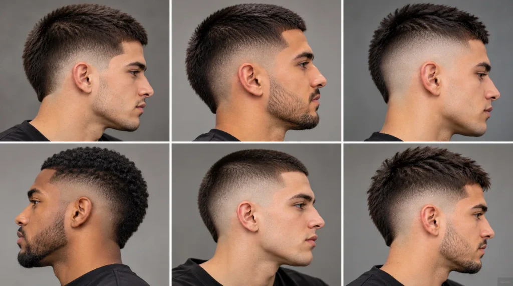 Six burst fade buzz cut variations showing low, mid, high, skin, shadow and textured finishes