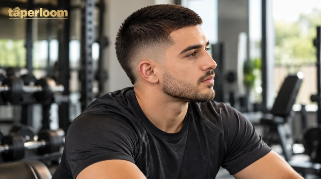 Man with a low-maintenance burst fade buzz cut in an everyday setting