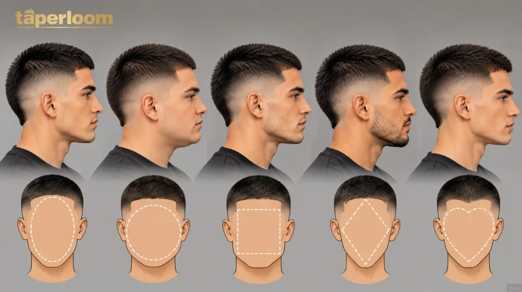 Illustration of oval, round, square, diamond and heart face shapes with burst fade buzz cuts