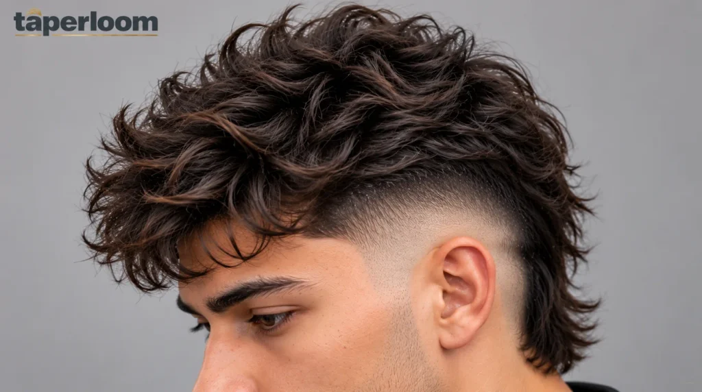 Textured burst fade mullet with layered top