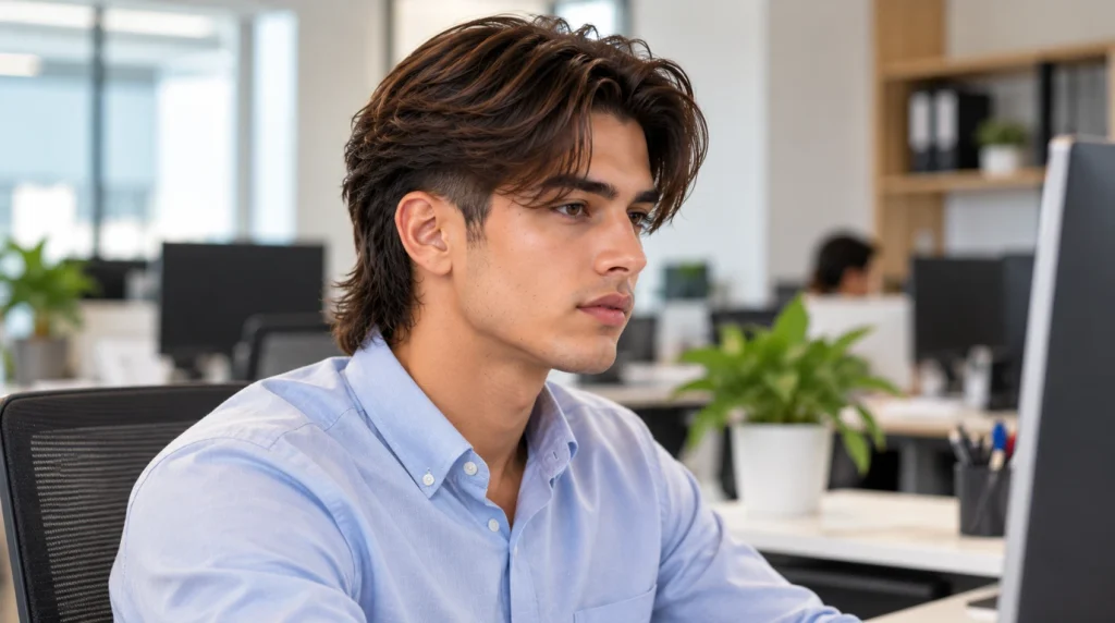 Professional short middle part mullet in an office setting