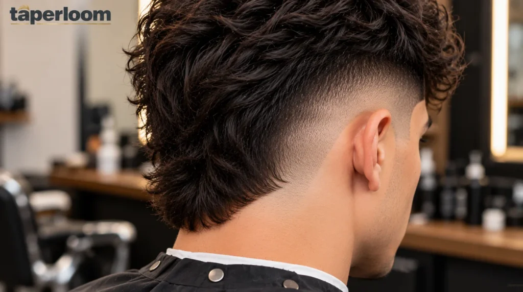 Burst fade mullet with neck taper and clean hairline