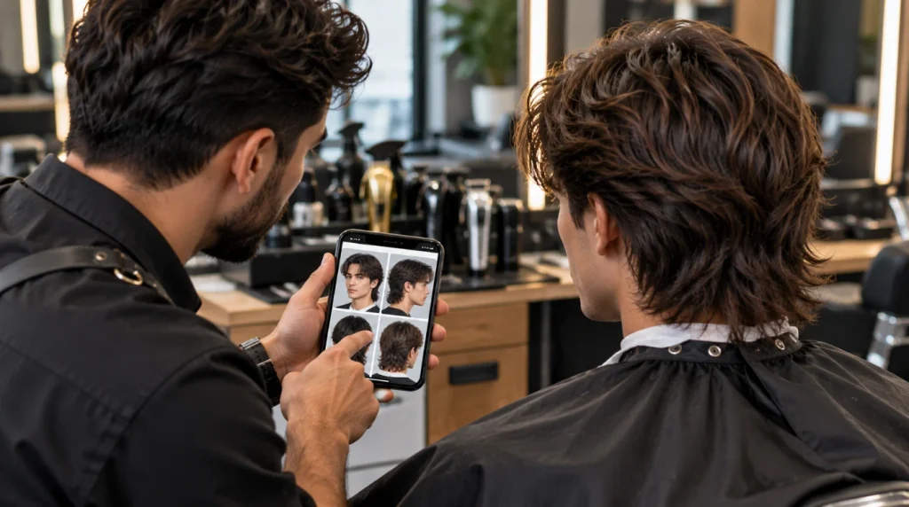 Showing reference photos to a barber for a middle part mullet