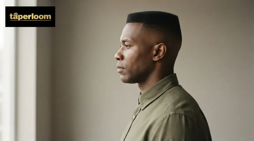 Side profile of a Black man with a high and tight taper and a very short flat top