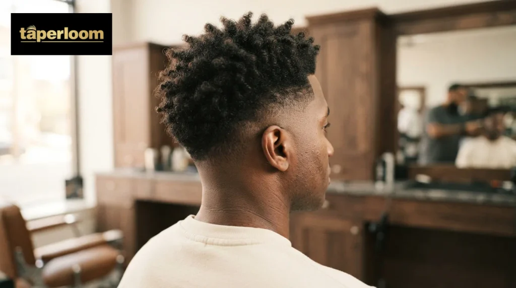 Back three quarter view of 4C coily hair on top with tight high taper fade sides