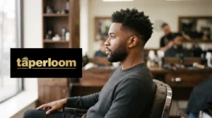 Side profile of a Black man with a fresh high taper fade and natural curls on top