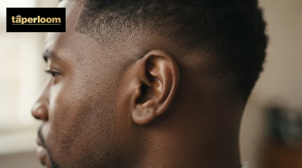Close up of a high taper fade blend shifting from short hair to skin above the ear