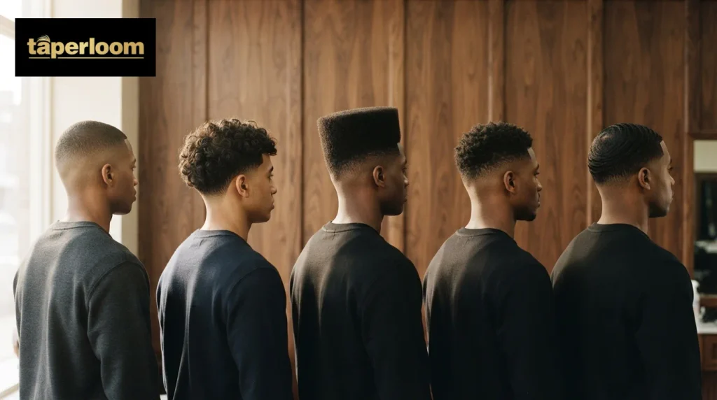 Five Black men seen from behind showing different high taper fade styles from buzz cut to high top