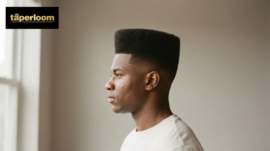 Side profile of a tall flat high top with a sharp high taper fade on a Black man