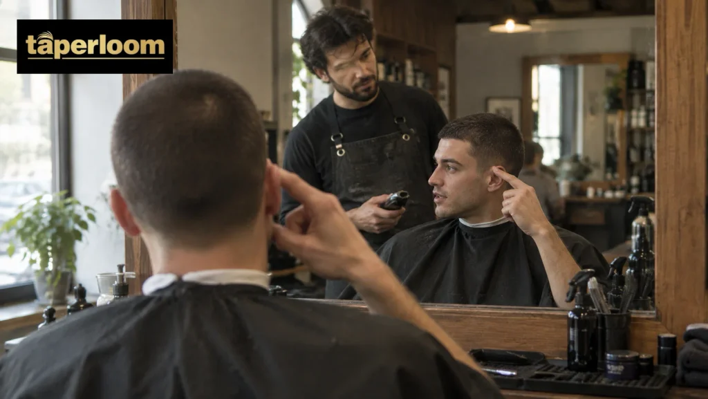 Man explaining his 10 guard buzz cut to a barber in the mirror