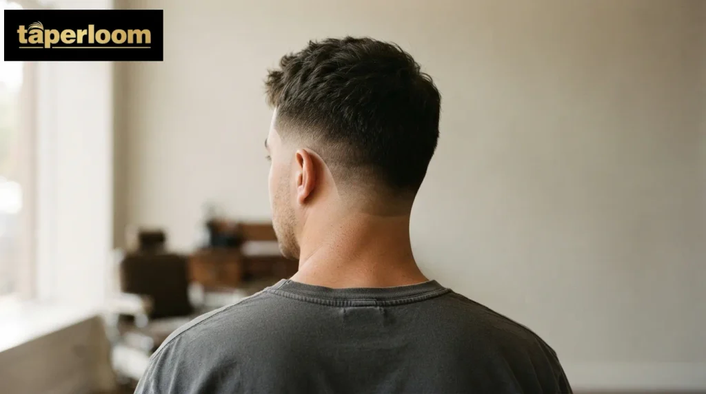 Man checking his finished mid drop fade in the barbershop mirror