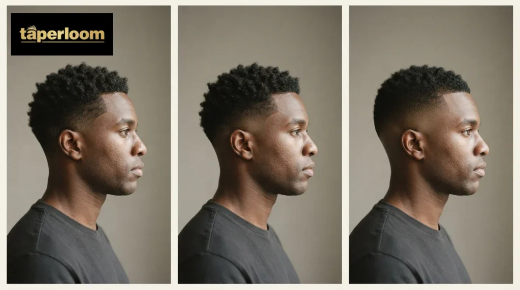 Three side profiles comparing low, mid and high taper fade heights on Black men