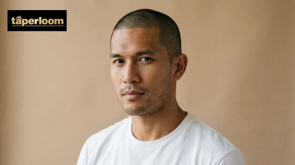 Hairstyles for Men Man with a buzz cut clipped to one even length, with a clean neckline and clean line around the ears.