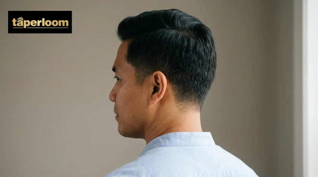 Rear three quarter view of a classic taper haircut with hair still visible at the neckline and ears.
