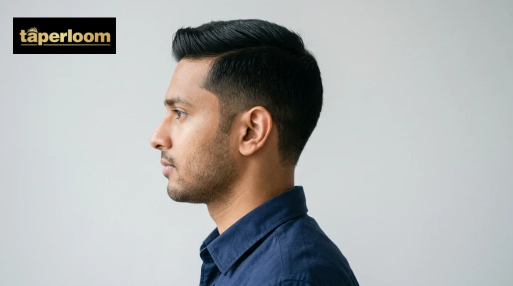 Side profile of a man with a neat crew cut, short sides and a slightly longer top.