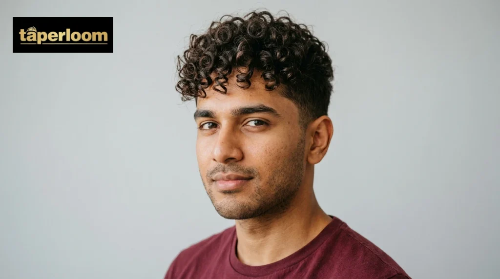Man with a curly top and short tapered sides, curls defined and sitting naturally.