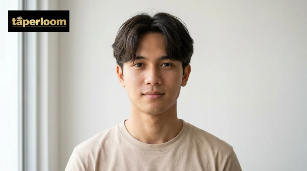 Man with a curtain style textured fringe parted in the middle and falling softly to each side.