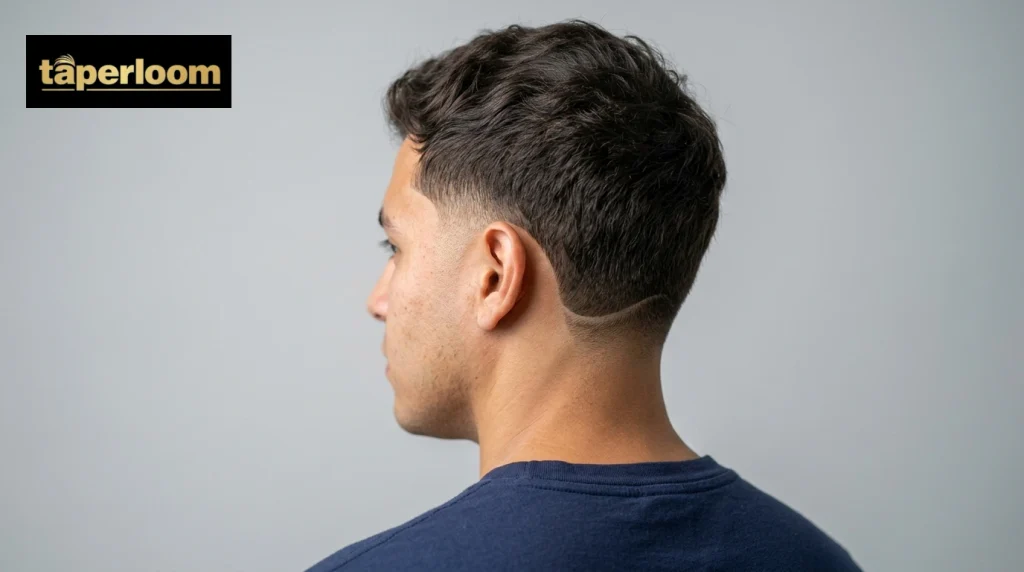Rear side view of a drop fade where the fade line curves down behind the ear.