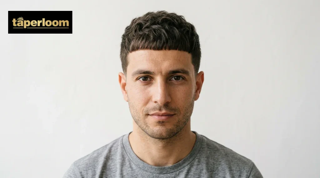 Man with a French crop showing a short textured top, a straight fringe and tapered sides.