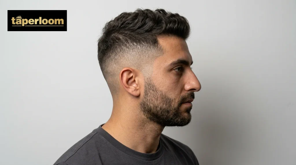Side profile of a high fade with very short sides and a longer textured top.