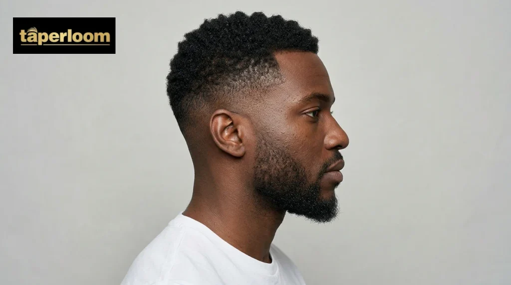 Side view of a low fade that starts close to the ear and neckline with short curly hair on top.