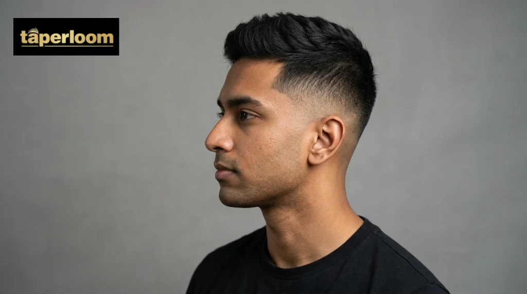 Side profile of a mid fade blending halfway up the sides into a short textured top.