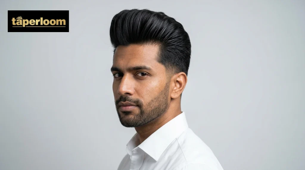 Man with a pompadour showing tall, full volume at the front and short sides.