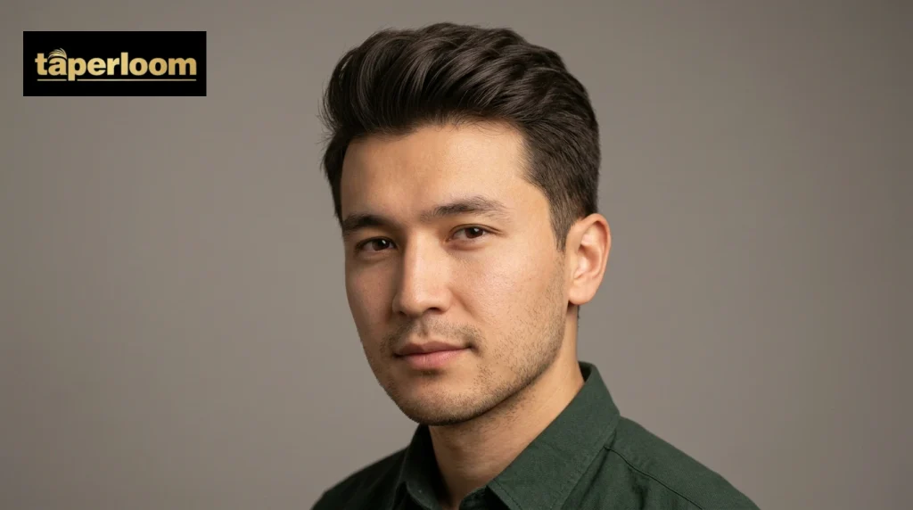 Man with a quiff, the front brushed up and slightly back with shorter tapered sides.