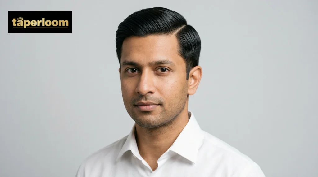 Man with a neat side part, hair combed across the top and tidy tapered sides.