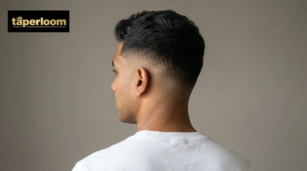 Rear three quarter view of a skin fade blending down to bare skin at the neckline and sides.
