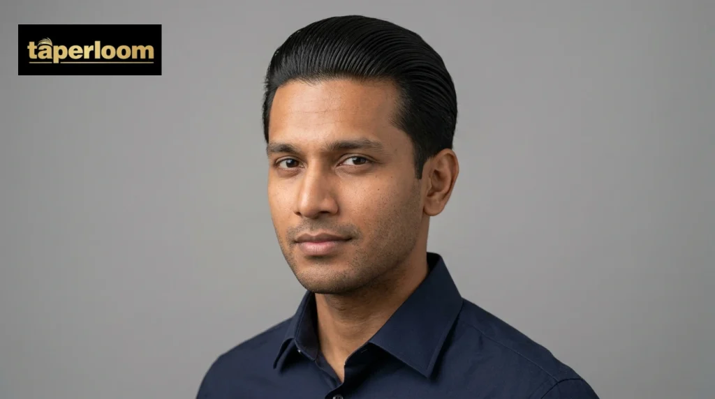 Man with a slick back hairstyle, hair combed straight back smoothly with tapered sides.