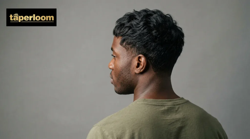 Rear three quarter view of a textured crop with a choppy layered top on thick wavy hair.