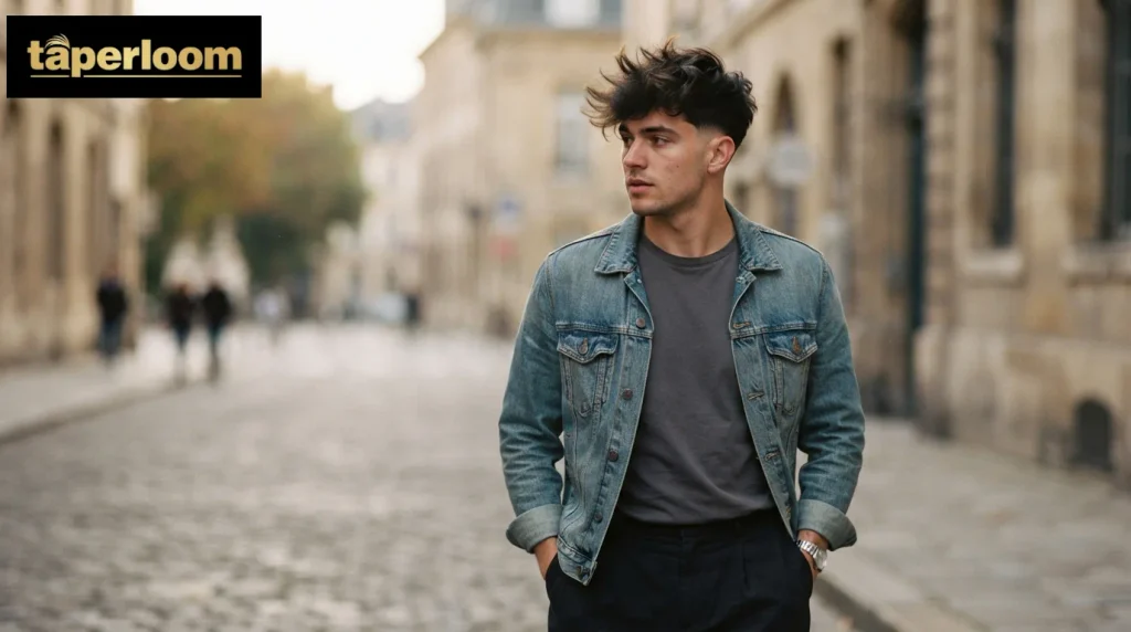 Messy tousled top on a mid drop fade in a casual outdoor setting