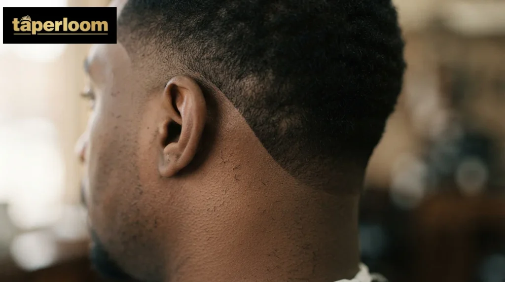 Close up of a mid drop bald fade blending from skin into short hair behind the ear
