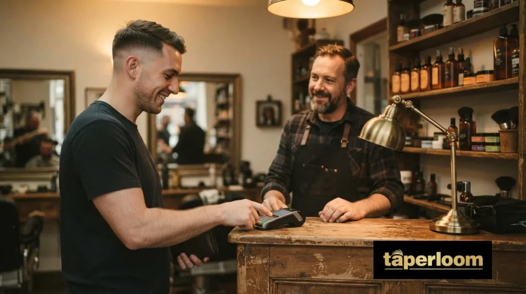 Client paying at a barbershop counter after a mid drop fade haircut