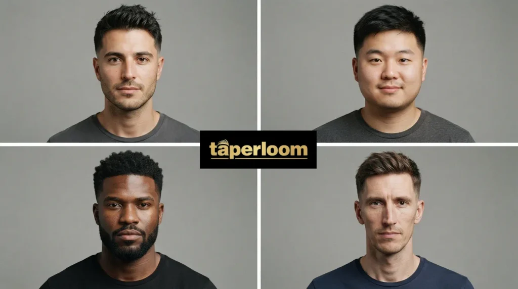 Four men with oval, round, square and long face shapes wearing a mid drop fade