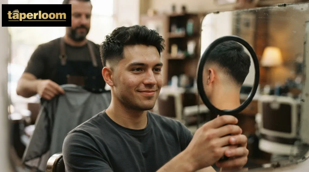 Man trimming his neckline at home with a hand mirror between barber visits