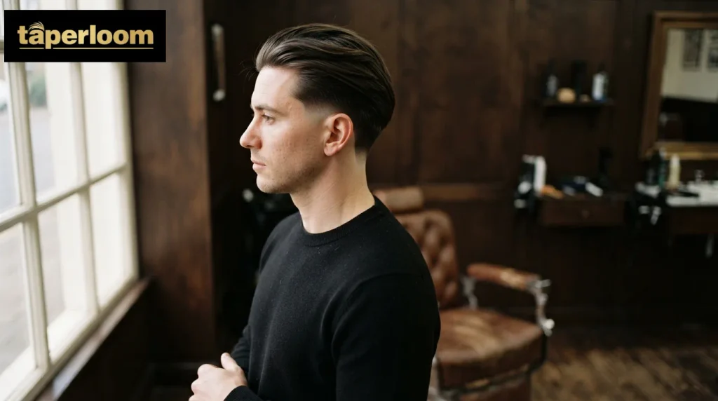 Long hair swept back on top of a mid drop fade in side view