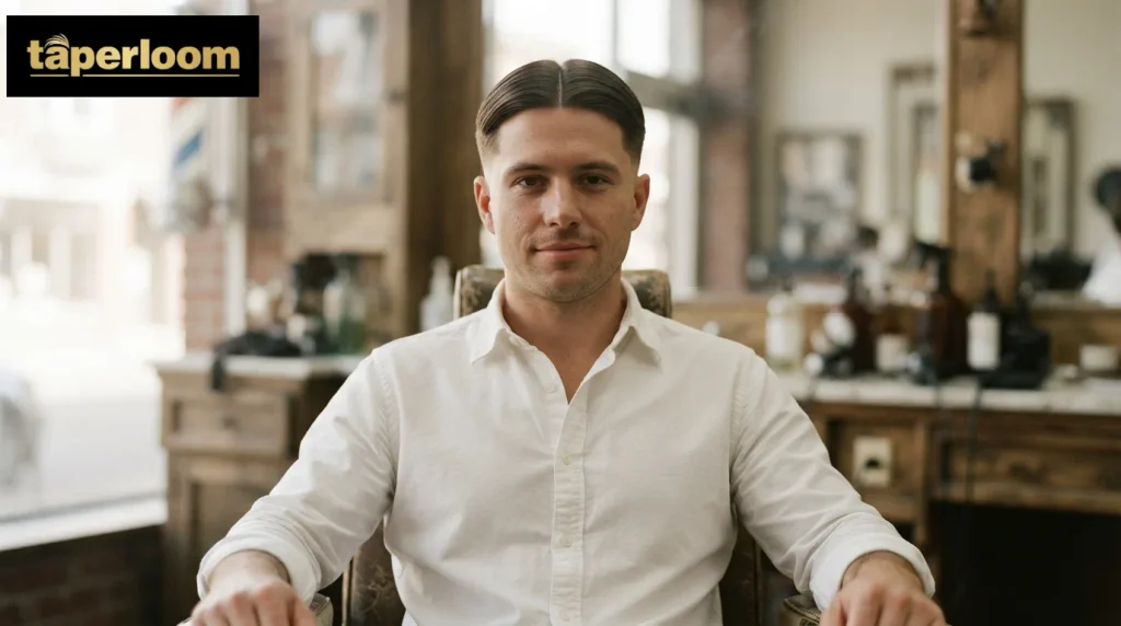 Mid drop fade with a middle part and medium length hair on top