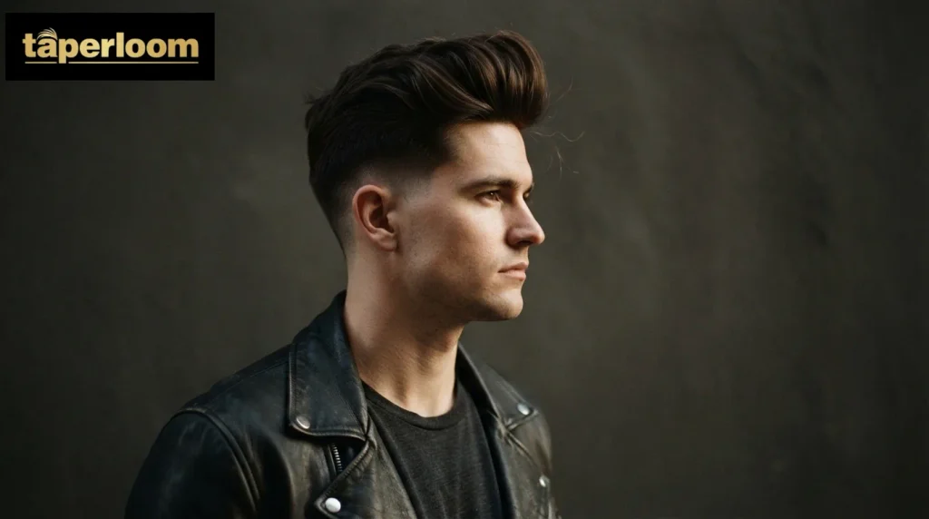 Quiff style with volume on top of a mid drop fade in side profile