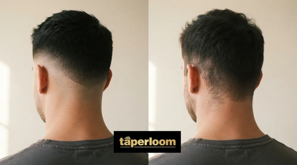 Fresh mid drop fade compared with the same fade after three weeks of regrowth