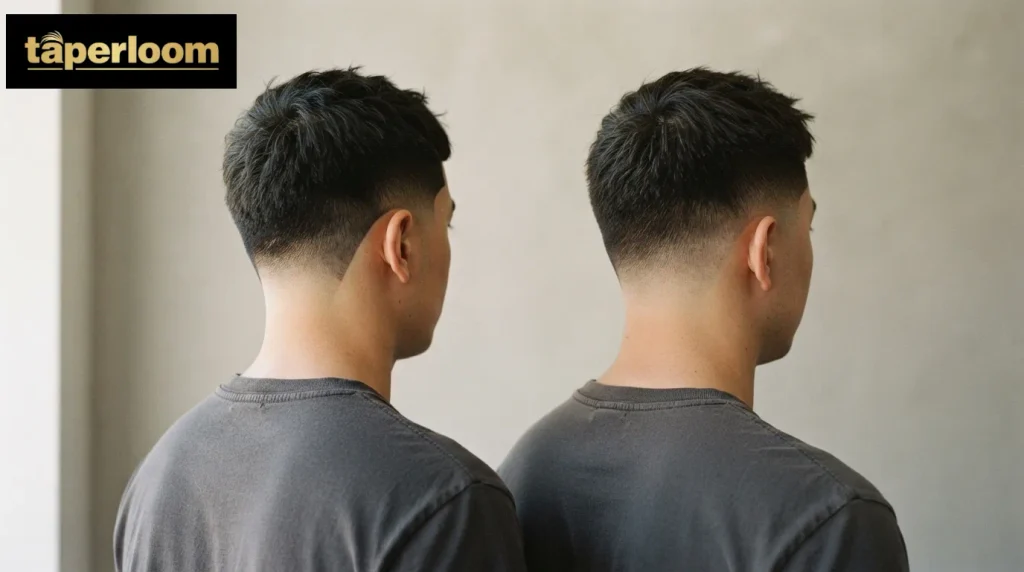 Back view comparison of a mid drop fade and a mid taper on two men