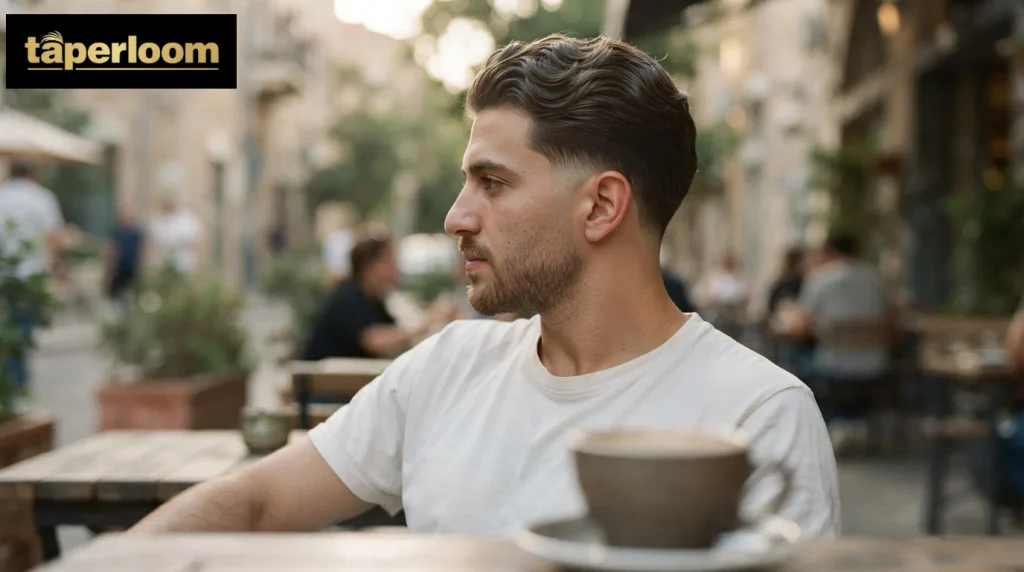 Wavy hair styled back on top of a mid drop fade in side view