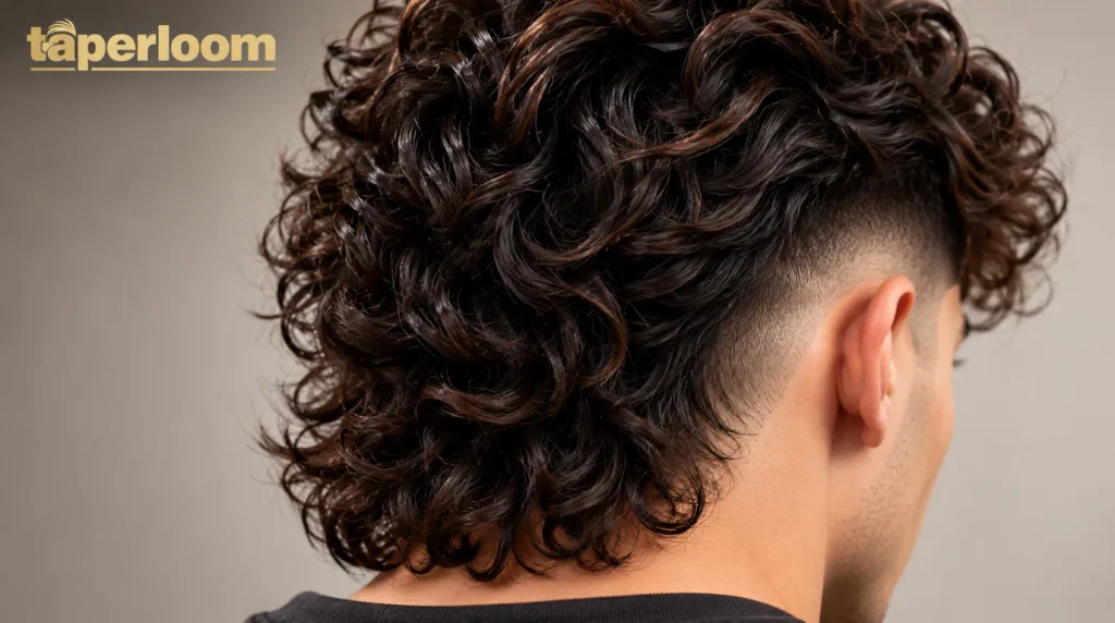 Close-up of voluminous, defined curls at the back of a man’s head, soft natural light