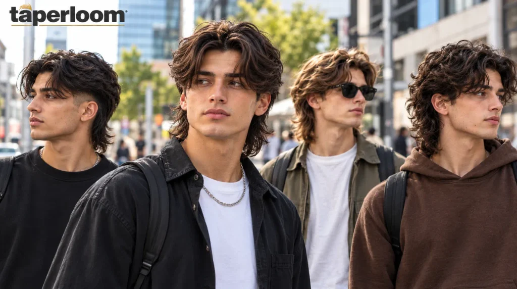 Men wearing trending middle part modern mullets in 2026