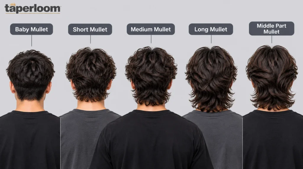Middle part mullet lengths from baby to long tail